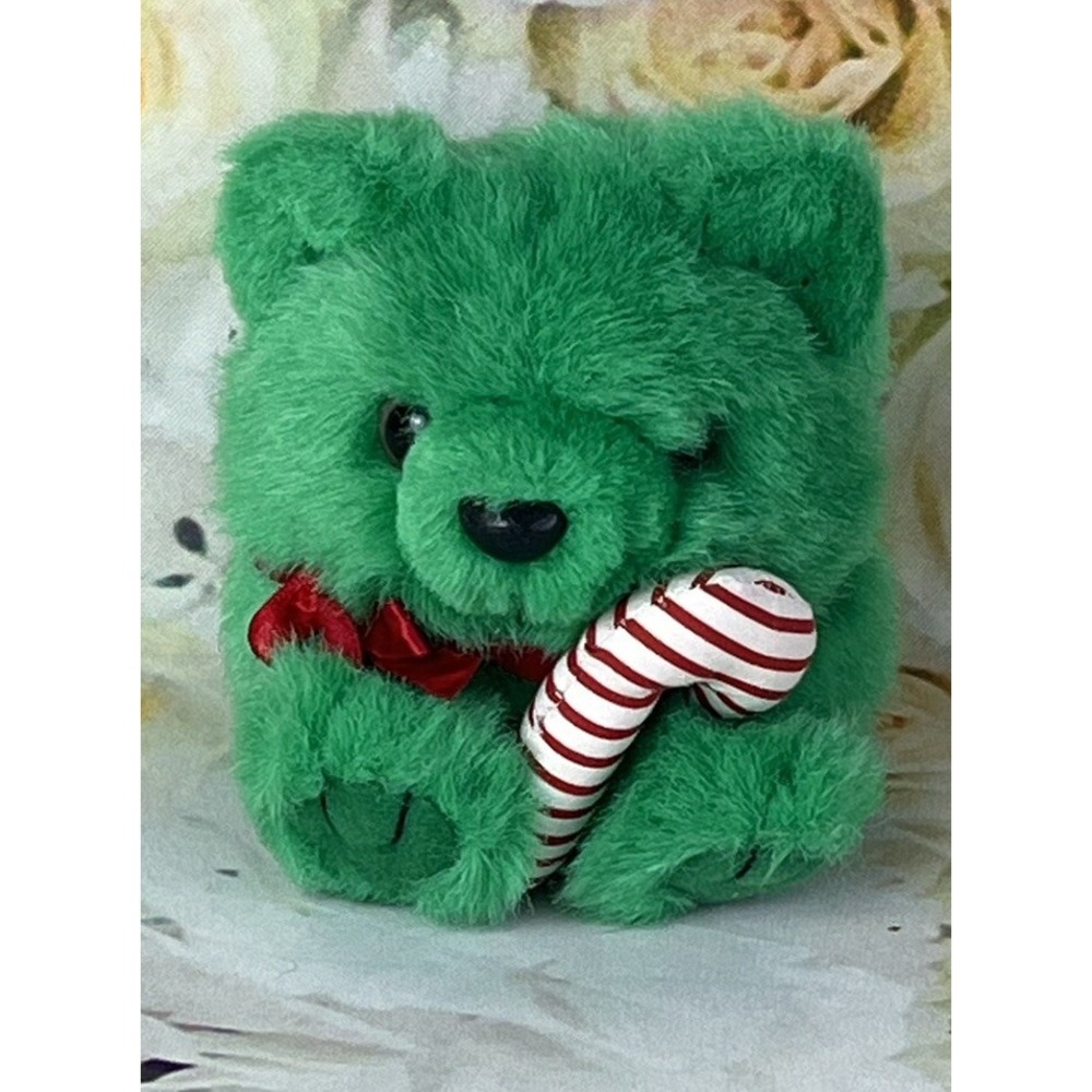 Christmas Puffkins Bear Swibco 1994 Candy Cane Holiday Plush Green Fur Vintage